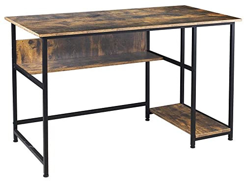 BAKAJI Scrivania con Mensola Libreria Tavolo da Lavoro Porta Pc Computer Struttura in Metallo e Piano in Legno MDF Anticato Design Moderno industriale Arredamento Casa Ufficio 120x60x76cm