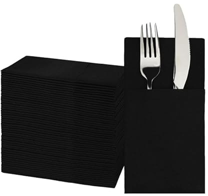 JEBBLAS Disposable Dinner Napkins with Built-in Flatware Pocket, Cloth-Like, Linen-Feel for Parties, Weddings, Dinners or Events, 16x16inches, Pack of 50, Black