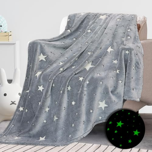 REXEO Glow in The Dark Star Space Blanket for Kids, Grey Cute Galaxy Throw for Boys Girls, Soft Flannel Toddler Blanket, Bedroom Room Decor, Birthday Gifts, 50 x 60