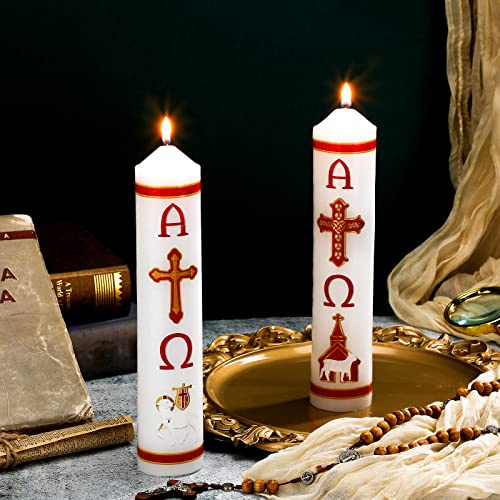 Yexiya 2 Pcs Cirios Religiosos Catolicos 9.8 Inch Easter Religious Candles 2026 Paschal Candle Alpha Cross Week Candle for Baptism Prayer Easter Party Decoration(Red,Vivid)