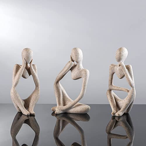 OKESYO Abstrakte Statue Denker, 3 Stück Resin Skulptur Figuren Deko Ornamente für Wohnzimmer Schlafzimmer Office Desktop Dekoration, Sandstein