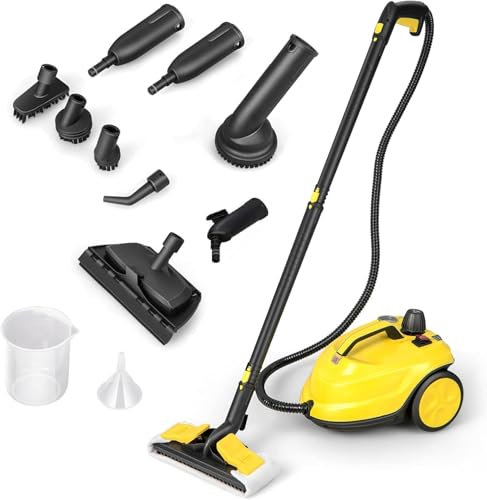COSTWAY Nettoyeur Vapeur Haute Pression 2000W avec 15 Accessoires, Balai Vapeur Portable Pressurisé Polyvalent 5 Bars avec Réservoir de 1,8 L et Roues, pour Plancher Tapis Rideaux (Jaune)