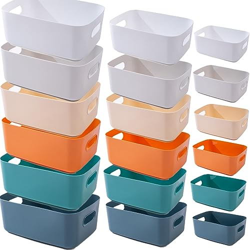 Aufbewahrungsbox Kunststoff Aufbewahrungskorb mit Griffen Küchenschrank Organizer Box Körbe Aufbewahrung Kunststoffbox für Badezimmer Regal Kunststoffbox (18 Pack(30cm/6+25cm/6+20cm/6), Satte Farben)