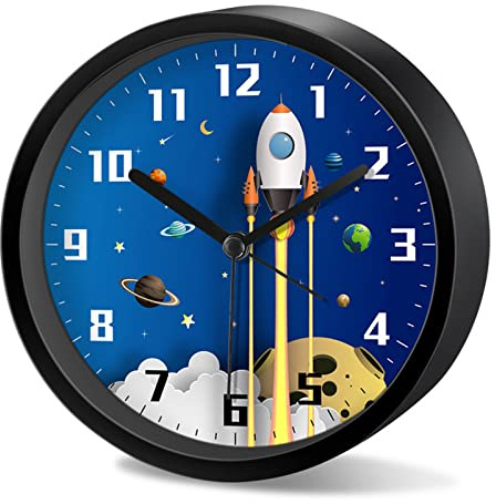 SWECOMZE Wecker Kinder Jungen, Kinderwecker Ohne Ticken, Cartoon Weltraum Astronauten Wecker Lernwecker Analog Wecker für Kinder, Mädchen, Schlafzimmer, Geburtstagsgeschenke (NZA245)