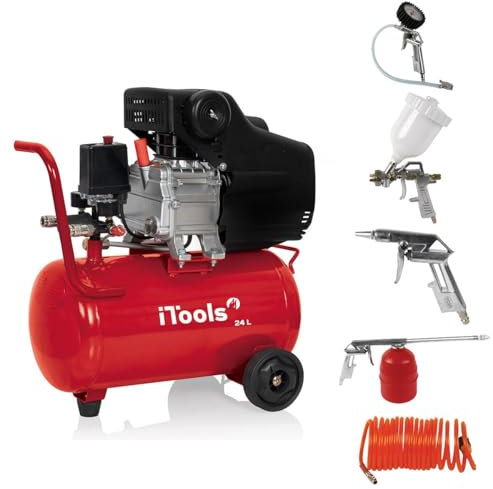 ITOOLS - Compresseur d'air 24 Litres 8 bar 2CV 1.5KW 115 PSI + Kit Air comprimé 5 Pièces