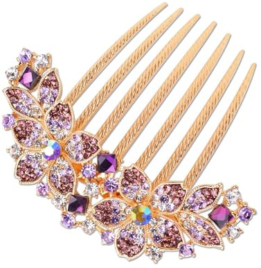 Damen Haarkamm mit eingelegten Blumen und Strasssteinen, Braut Haarschmuck Haare Seitenkamm für Mädchen Geschenk (Lila)