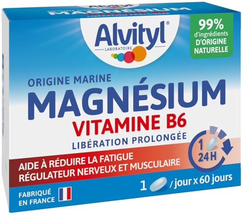 Alvityl Magnésium 300mg + Vitamine B6 - Libération Prolongée - Diffusion lente et progressive - Magnésium d'origine Marine - Stress, Fatigue, Irritabilité - Fabriqué en France - Comprimés 60 jours
