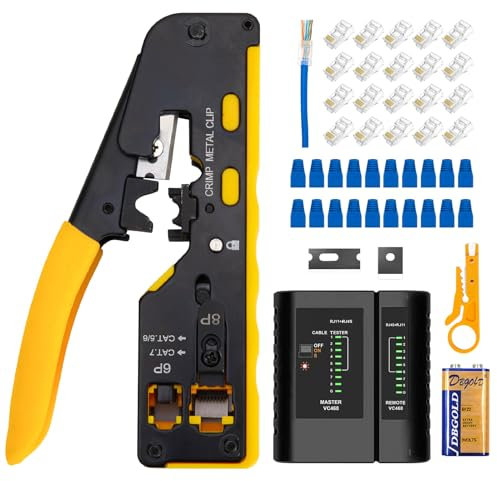 DUTEGAO Kit de herramientas de crimpado RJ45, crimpadora Ethernet de paso para Cat5 Cat6 CAT7, crimpadora RJ45 para pelador, kit de herramientas de crimpado Ethernet con 20 conectores CAT6, probador