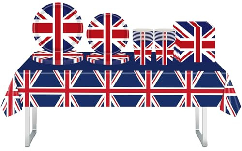 Union Jack Party Tableware Set,69Pcs Union Jack Party Decorations with UK Plastic Table Cloth,Paper Plates,Napkins and Cups,British Tableware for 80 Years Victory In Europe WW2 1945-2025 Decorations