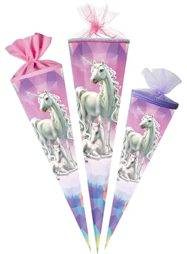 alles-meine.de GmbH Schultüte - mit 3D Glitzer - Effekt ! - Einhorn & Fohlen 35-100 cm Größe wählbar Zuckertüte - Tüllabschluß/Filzabschluß - eckig/rund - Mädchen - k..