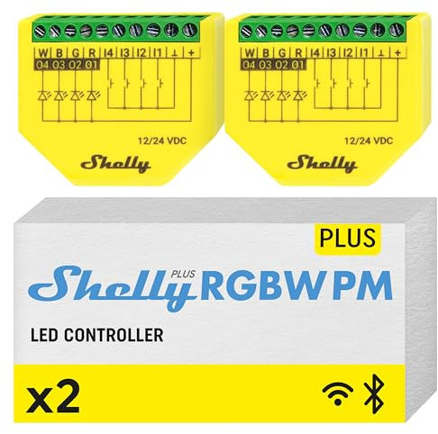 Shelly Plus RGBW PM, Controller Wi-Fi per Strisce LED, 12V o 24VDC, 3 Profili di Illuminazione, Misurazione dei Consumi, Dimmer, Luce Bianca o Colorata, Nessun Hub Richiesto, Alexa e Google (2 Pezzi)
