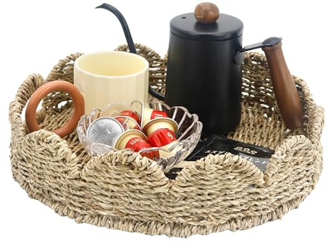 FramePro Plateau de service rond à bords festonnés, poignées intégrées, décoration pour table basse, rotin en jonc de mer, 33 cm
