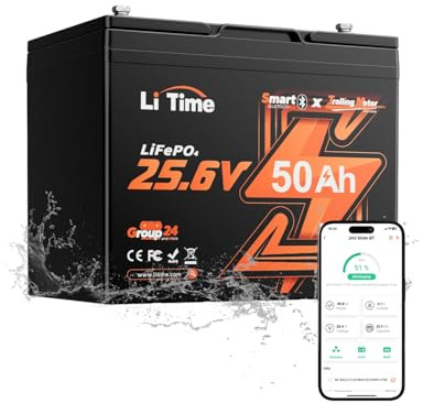 LiTime LiFePO4 24V 50Ah Trolling Motor Batterie mit Bluetooth für Boote | 50A BMS, 4000+ Tiefzyklen, Untertemperaturschutz, IP65, 1280Wh Lithium Batterie für Boot, Yacht, Fischfinder, Wohnmobil