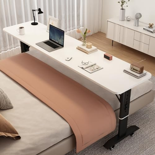 Betttisch mit Rollen, höhenverstellbar, Massivholzplatte, mobiler Schreibtisch für Bett, Computertisch über dem Bett, Schreibtisch mit Rollen