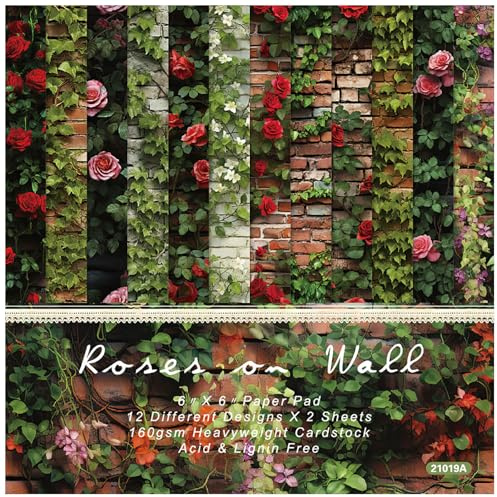 ZAKHSE Motivpapier zum Basteln, 48 Blätter Blumenmuster Designpapier, 15,2x15,2cm Rose an der Wand Einseitig Bedrucktes Dekoratives Bastelpapier, Gemustert Dekopapier für Hochzeit Karten Gestaltung