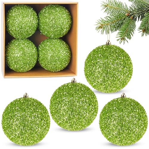 BRUBAKER Glitzer Weihnachtskugeln - 4er Set Glitter Baumkugeln - Grün | 10 cm große Christbaumkugeln Bruchsicher aus Kunststoff - Christbaumschmuck für Weihnachtsdeko - Weihnachtsbaumkugeln