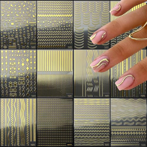 JMEOWIO Ligne Dorée French Tip Stickers Ongles Nail Art 12 Feuilles Autocollants Ongles Autoadhésif Deco Ongle Nail Art Design Manucure