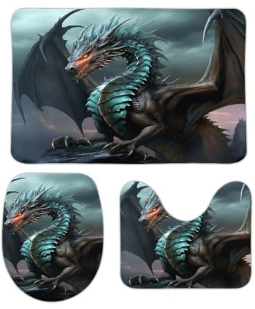 ERKSOUKA Badezimmerteppich-Set, 3-teilig, cooler Drachen-Motiv, rutschfest, ultraweich, saugfähig, mit U-förmigem WC für WC, Badematten-Set