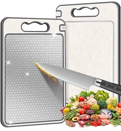 JEJA Planche a Decouper Inox, Planche à Découper Double Face pour La Cuisine, Design en Maille Résistant aux Rayures, Enveloppe en Silicone Antidérapante, Rainure pour Le Jus