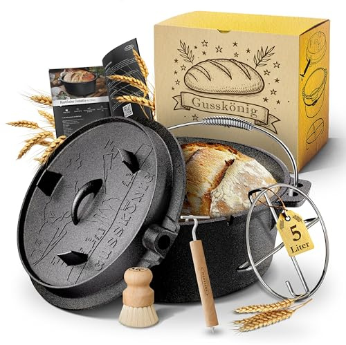 GUSSKÖNIG Gusseisen Brotbackform mit Deckel 26 cm - Brotbacktopf inkl. Rezeptbuch I Brottopf zum backen I Brot Backen Zubehör I eingebrannter Dutch Oven zum Brotbacken I Gusseisen Topf Brot backen