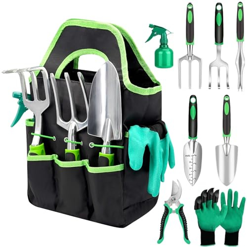 HYSHLC Gartenwerkzeug Set,9 Stück Gartenwerkzeuge kostenlos Dauerhafter Organizer Handtasche,aus Aluminiumlegierung,Schaufel,Gartenkralle,Blumenschere usw,ideale Gartengeschenke für Frauen und Männer