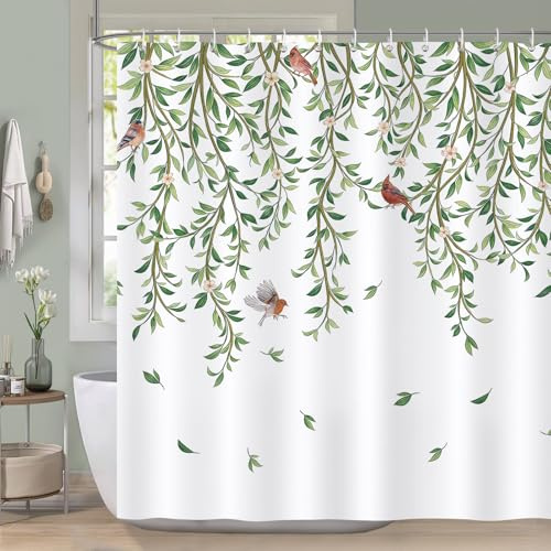 COZZSNUGE Duschvorhang 180 x 180 cm Grün Blätter Vögel, Blumen Botanisch Pflanze Duschvorhänge Anti-schimmel Wasserdicht Polyester Stoff Badvorhang mit 12 Duschvorhangringen