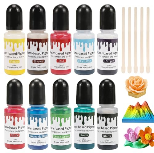 10 Stück Farbpigmente für Gießpulver Beton Gips, 10ml Epoxidharz Farbe, 10 Farben Hochkonzentrierte Farbpigmente Wasserbasis mit 5 Rührstäbchen, Gießpulver Farbe Betonpigmente für Putzbeschichtung DIY