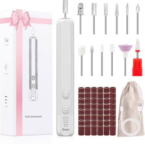 Elektrisches Nagelbohrer Set, AOMEES Tragbares Kabelloses Nagelfeilen Set für Acryl und Gelnägel, Maniküre und Polieren mit 56 Schleifbändern (Rosa) (Weiß)