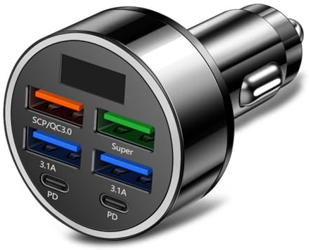 Adattatore di ricarica per auto a 6 porte schermo digitale per adattatore dispositivo rapido USB C per auto PD5V-3.1A Port MultiPorts Ricarica rapida
