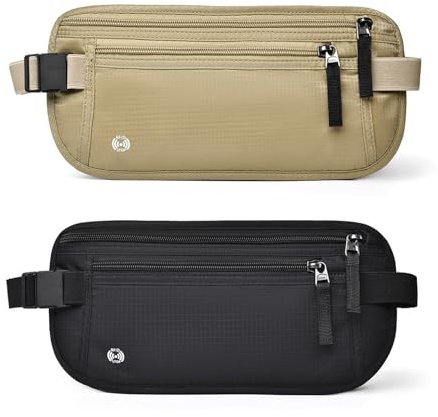 2 Pcs Travel Money Belt for Hidden Security Money Belts for Travel Hidden Women and Men - Multiple Pockets,Elastic Waistband,RFID Blocking,Lightweight and Durable for Running,Cycling(Black, Khaki)