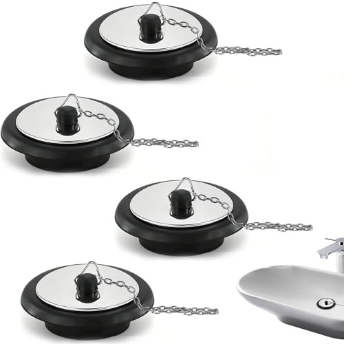 4 PCS Bath Plug and Chain Bathroom Sink Plugs Universal for UK Sink Kitchen Sink Plug Replacement 4cm Bathtub Plugs with 10cm Stainless Steel Chains for Bathroom and Kitchen