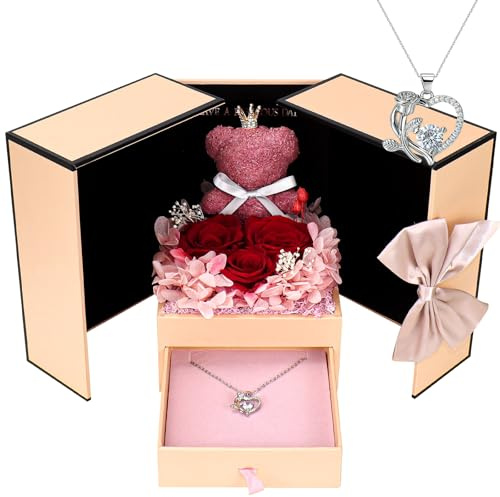 Malloom Ewige Rosen Geschenkbox mit konservierten Rosen und Halskette, Romantisches Geschenk für Freundin, Mutter oder Ehefrau zum Geburtstag, Jubiläum oder Valentinstag