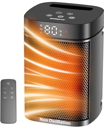 Small Portable Space Heater for Indoor Use - QOWETU 1500W PTC Electric Heater with Thermostat, Remote Control, 12H Timer, Eco and Fan Mode, Rapid and Safe Heating for Bedroom, Office