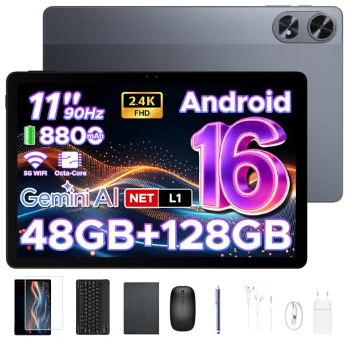 POPUX P11 Pro Tablet Android 16,2.4K 90Hz Tablet 11 Pollici con Gemini AI, 48 GB RAM + 128 GB ROM, T7250 Octa-Core, 13 MP + 5 MP, 8800mAh, Wi-Fi 5G, Cuffie, Tablet con Tastiera e Penna, Mouse, Grigio