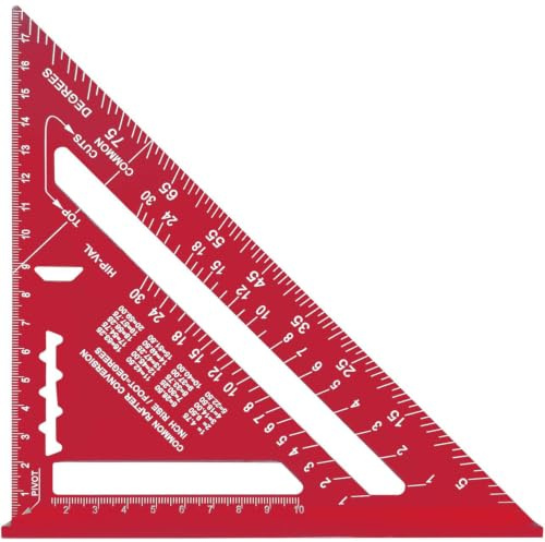 7 Inch Carpenter Speed Square Metric Imperial, Aluminium Alloy Rafter Square Triangle Ruler with Protractor & Angle Finder, Multi-Function Woodworking Layout Tool for Framing, Roofing Projects (Red)