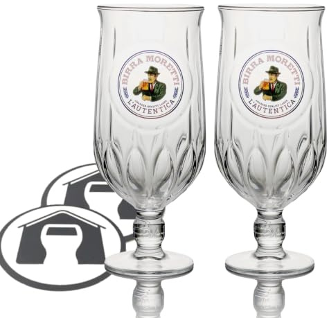 GarageBar | Birra Moretti Glass | Pint Stemmed Chalice Beer Glass | Official Merchandise | Comes with 2X Beer Drip Mats (2 Glasses)