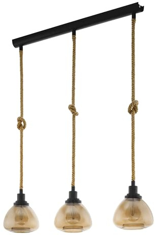 EGLO Pendellampe Rampside 3 flammige Vintage Pendelleuchte | im Industrial Design, Hängelampe aus Stahl, Farbe: Schwarz, braun, Glas: Amber, bedampft, Fassung: E27