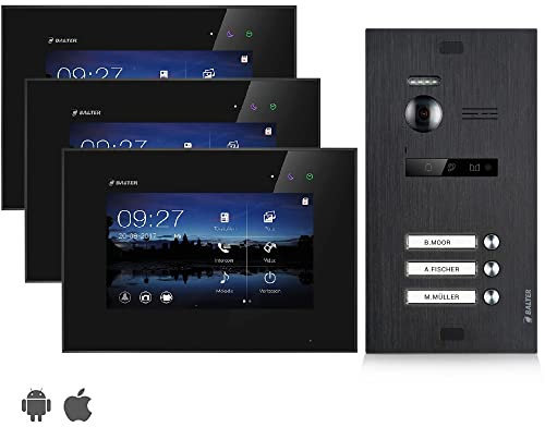 Balter EVO Video Türsprechanlage, Touchscreen, 3X 7 Zoll Monitor, Türstation für 2 Familienhaus Türklingel mit Kamera 150° Weitwinkel Smartphone App 2-Draht Bus, Schwarz