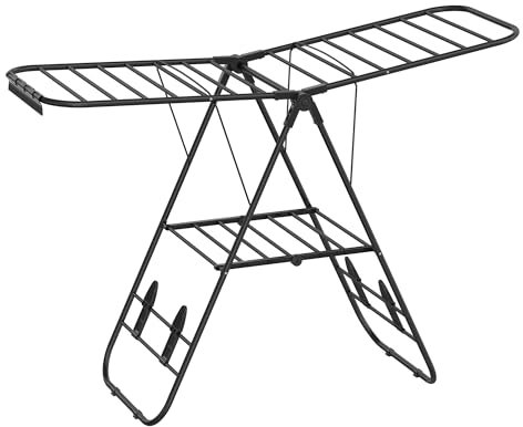 SONGMICS Clothes Airer, Foldable Clothes Drying Rack, Clothes Horse with Height-Adjustable Wings, Free-Standing Laundry Drying Rack, Indoor and Outdoor Use, Steel, Black LLR502B01