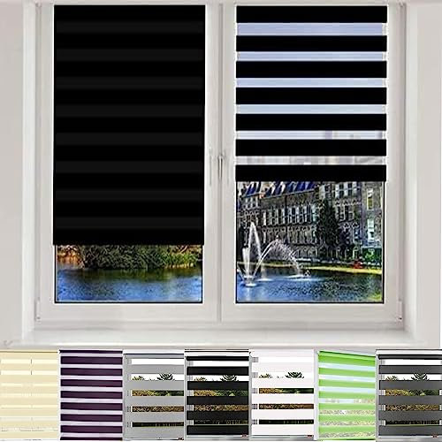 Tragbare Verdunkelungsrollo 110x150cm Höhe Stufenlos Verstellbar Rollo für Fenster, Zebrarollo Seitenzugrollo inkl. Montagematerial, für Fenster, Schwarz
