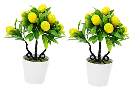 Garneck Künstlicher Zitronenbaum Bonsai Kunststoff Grünpflanze Dekoration Für Büro Wohnzimmer 2 Stück Ohne Pflege