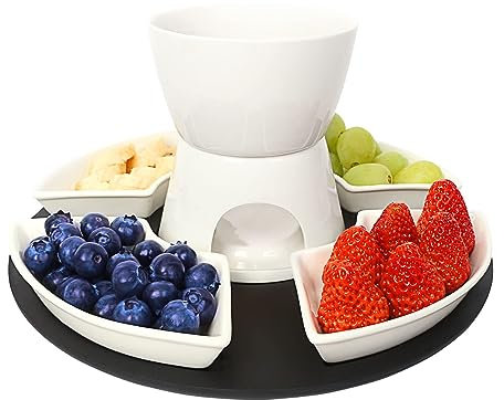 JTBDWOSK Ensemble Casseroles À Fondue Chocolat Céramique avec Palette Bois 4 Fourchettes 4 Assiettes Ensemble À Fondue Chocolat Fondue Fromage Fondue Au Fromage Chocolat Dîners Famille Desserts,Blanc