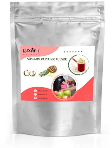 Luxofit Pina Colada Süßmolke Drink Pulver mit Whey Protein, mit exotischem Geschmack, Molkepulver zum Selbermischen, Natürliche Farbstoffe, Proteinreiches Trinkpulver (1 Kg)