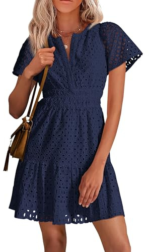 PRETTYGARDEN Womens 2025 Summer Short Dress V Neck Short Sleeve A Line Hollow Out Lace Ruffle Cute Casual Beach Party Dresses (Navy,Medium)