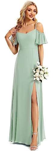 Ever-Pretty Abiti da Damigella d'Onore Lunghi in Chiffon Maniche Corte Abito da Cerimonia con Spacco Laterale Menta Verde 40