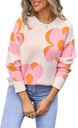 HEYPORK Damen Herbst Winter Warm Bequem Pullover Casual Strickpullover Frauen Rundhals Bedruckt Mode Große Blume Pullover
