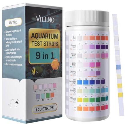 VILLNO Aquarium Teststreifen 9-in-1, 120 Stück, Wassertest Set für Aquarien, Schnelle und Genaue Wasserprüfung, Prüfung von Nitrat/Nitrit/Chlor/Karbonat/pH-Wert usw.9 Parameter