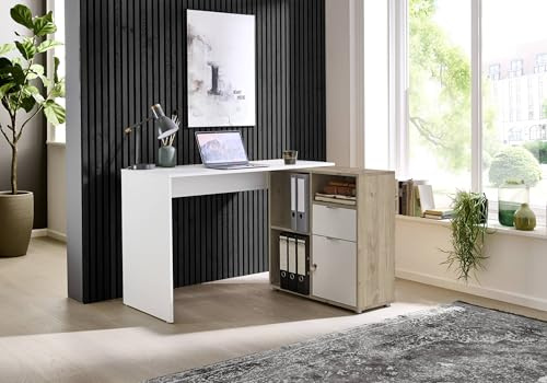 BMG Möbel Eckschreibtisch Leni, Homeoffice Schreibtisch (Weiß/Jackson Hickory Oak)