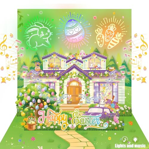 DTESL Biglietto di Pasqua, luce fuochi d'artificio e musica per biglietto pop-up, biglietti di auguri pasquali con busta, divertente regalo di Pasqua per familiari, amici, bambini