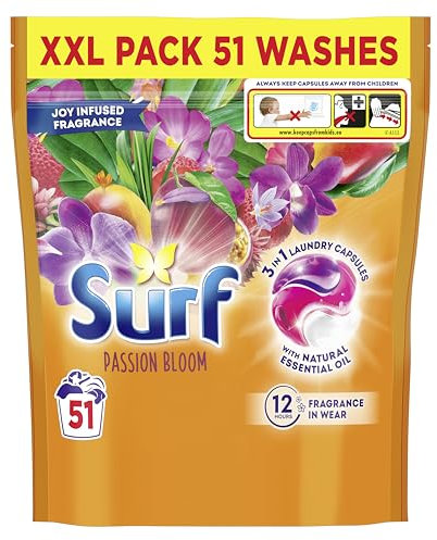Surf 3 in 1 Passion Bloom Laundry Washing Detergent Capsules joy-infused fragrance with natural essential oil lasting up to 12 hours in wear for brilliantly clean results 51 washes